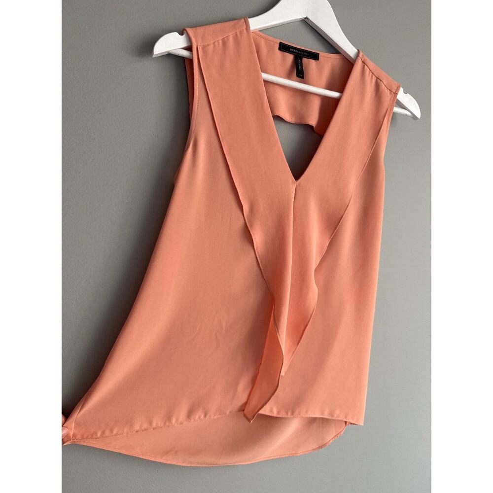 BCBG MaxAzria Peach Sleeveless Draped V-Neck Blouse Open Back Size XXS Chiffon - Picture 3 of 5